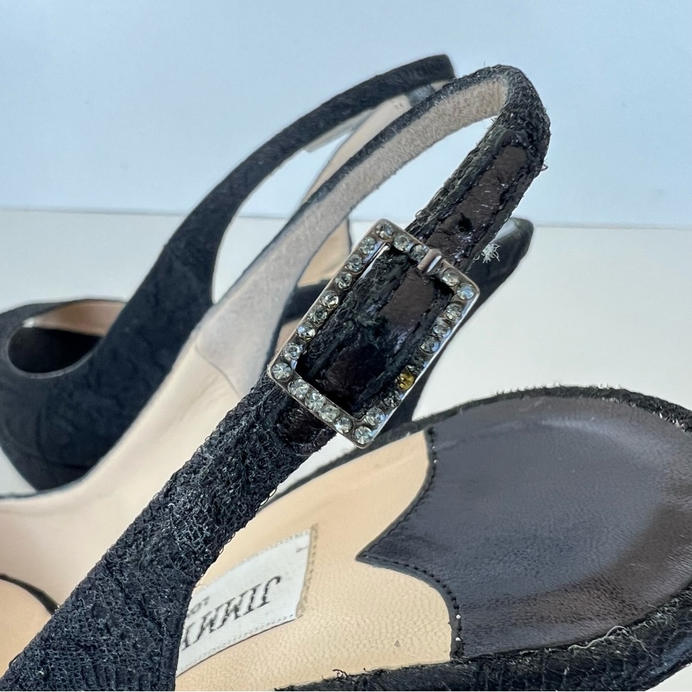 JIMMY CHOO Black Textured Fabric Lace Side Buckle Peep Toe Heel Sandals Sz 37.5 - Picture 10 of 11